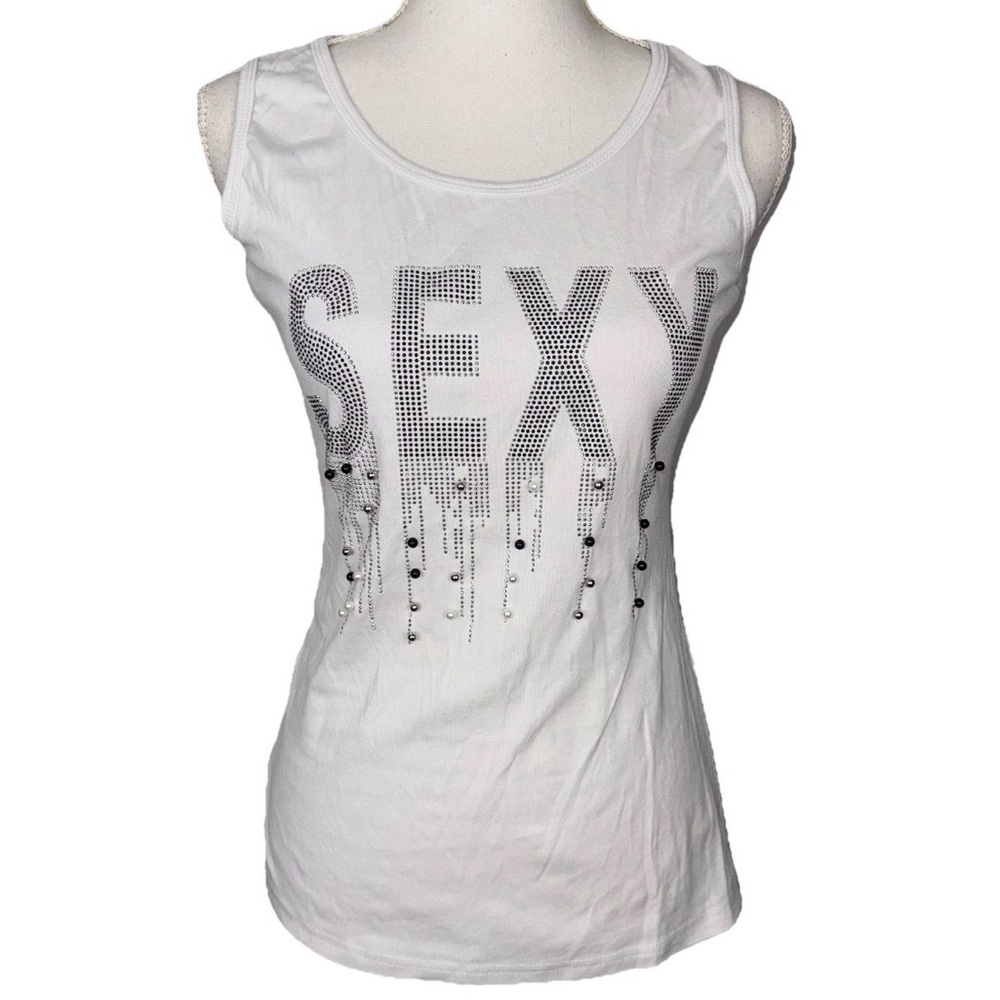 Aronia White Large SEXY Bling Embellished Rhinestone Tank Top‎ Shirt Club Party